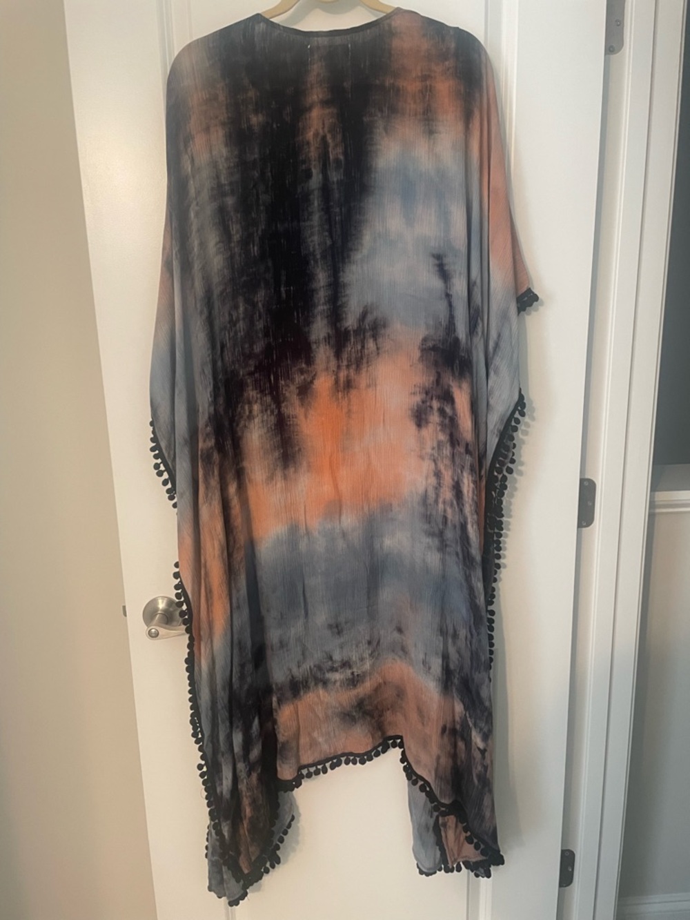 Natural Life Black, Blue, and Peach Tie Dye Long Duster with Black Pom Detail OS - Picture 2 of 4